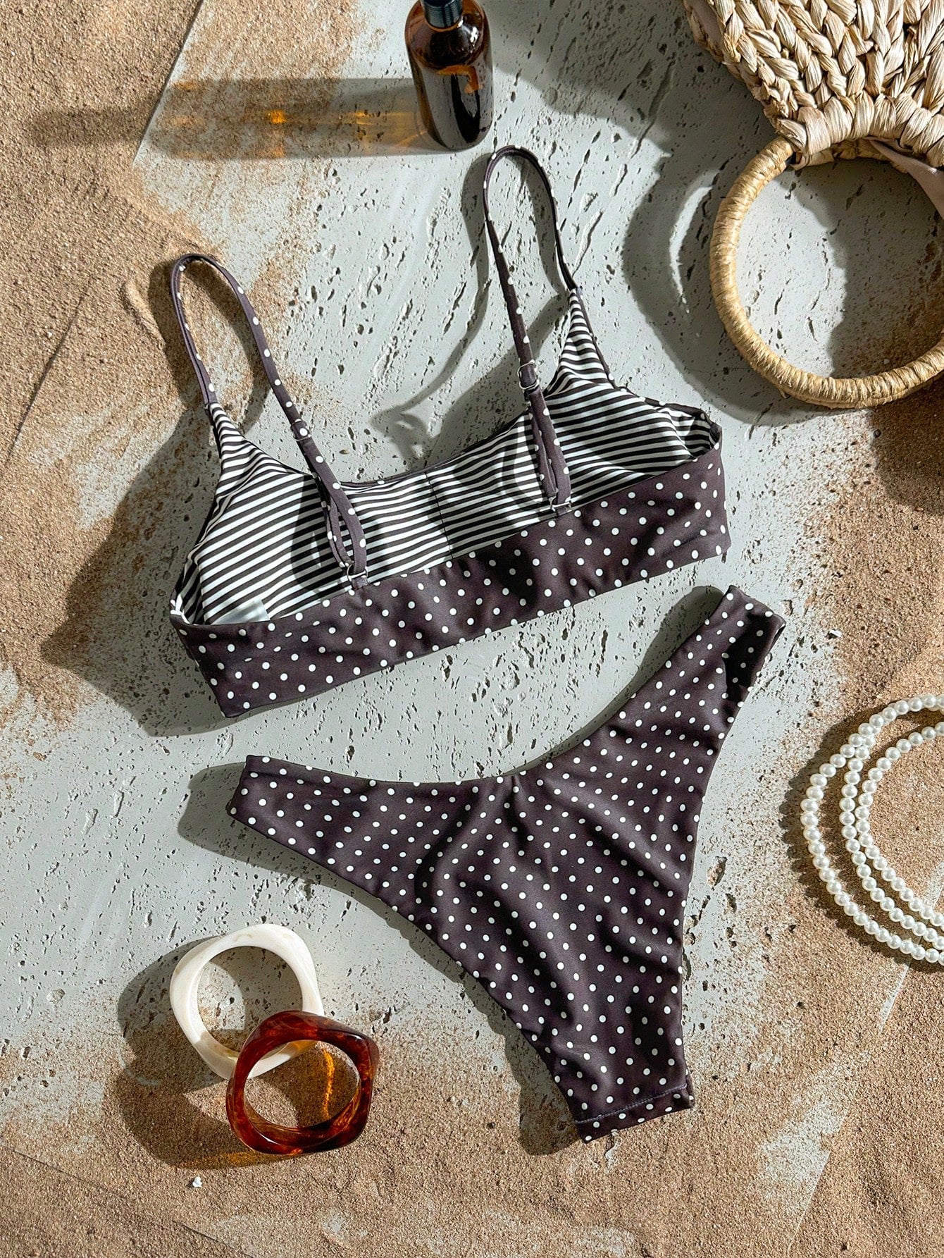 Swim Mod Women's Polka Dot & Striped Print Random Bikini 2-Piece Swimwear Set, Casual Beach Holiday Sexy Swimwear For Pool Party