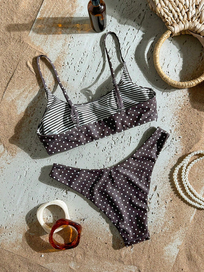 Swim Mod Women's Polka Dot & Striped Print Random Bikini 2-Piece Swimwear Set, Casual Beach Holiday Sexy Swimwear For Pool Party