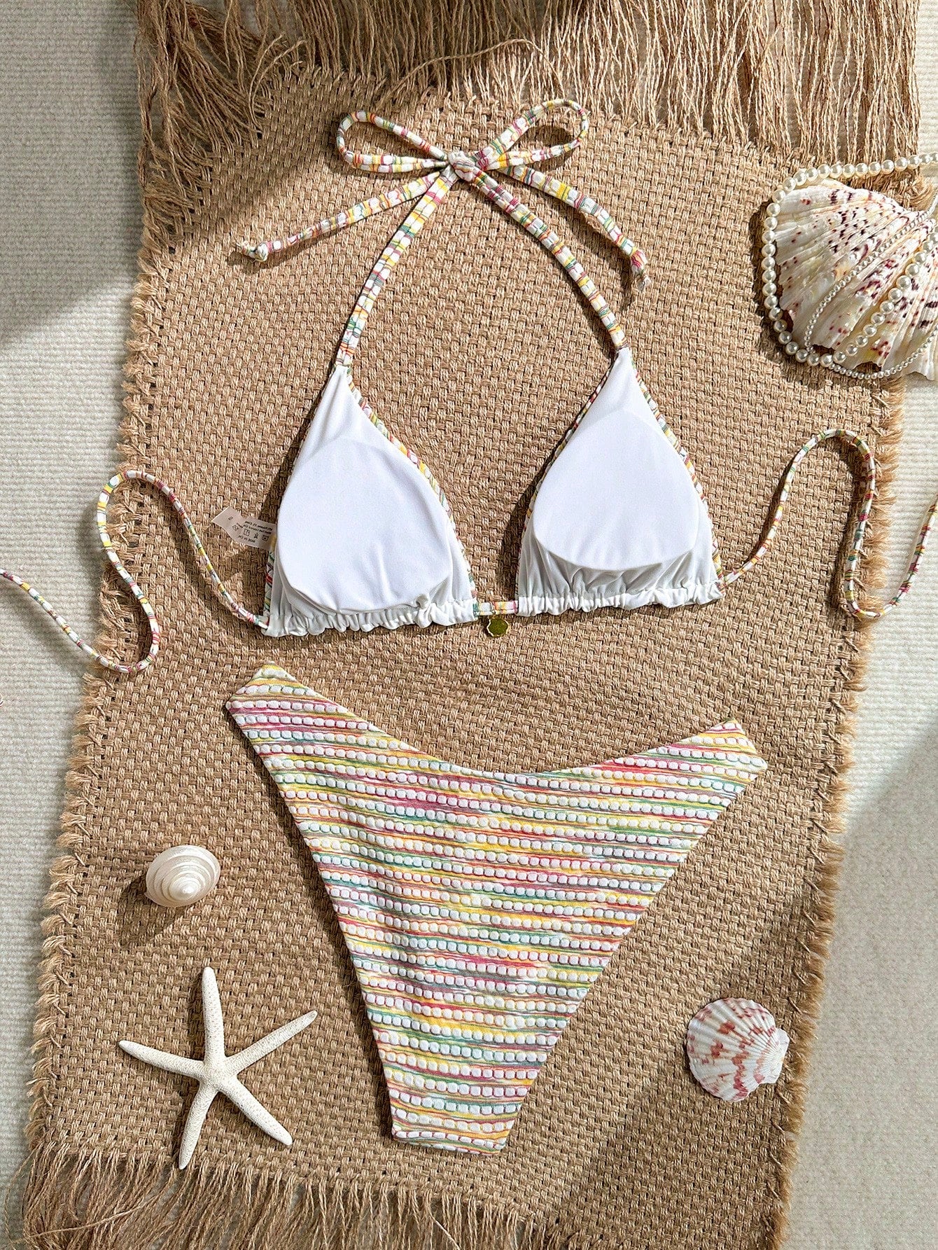Swim Mod Women's Rainbow Striped Halter Neck Bikini Swimwear Set For Summer Beach Vacation