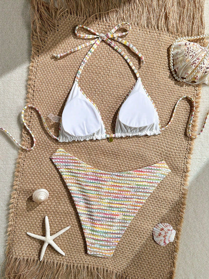 Swim Mod Women's Rainbow Striped Halter Neck Bikini Swimwear Set For Summer Beach Vacation