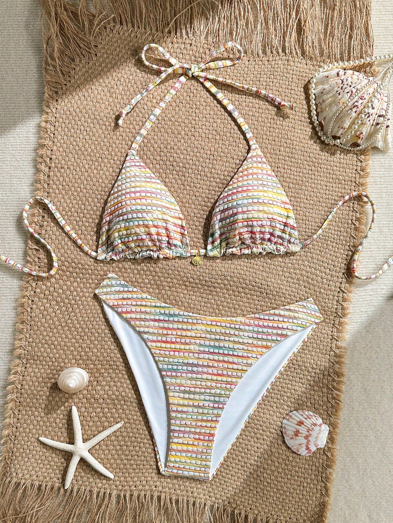 Swim Mod Women's Rainbow Striped Halter Neck Bikini Swimwear Set For Summer Beach Vacation