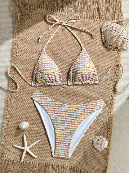 Swim Mod Women's Rainbow Striped Halter Neck Bikini Swimwear Set For Summer Beach Vacation
