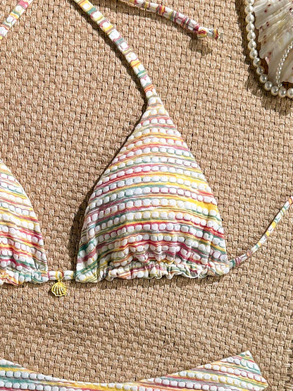 Swim Mod Women's Rainbow Striped Halter Neck Bikini Swimwear Set For Summer Beach Vacation