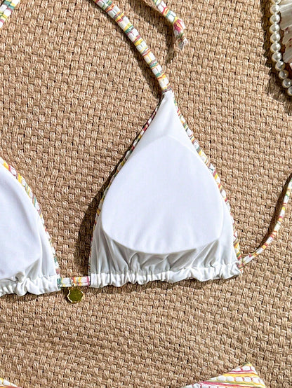 Swim Mod Women's Rainbow Striped Halter Neck Bikini Swimwear Set For Summer Beach Vacation