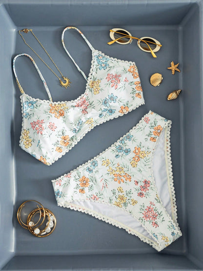 Swim Mod Women's Random Floral Print Ruffle Trim Bikini Set Set, Summer