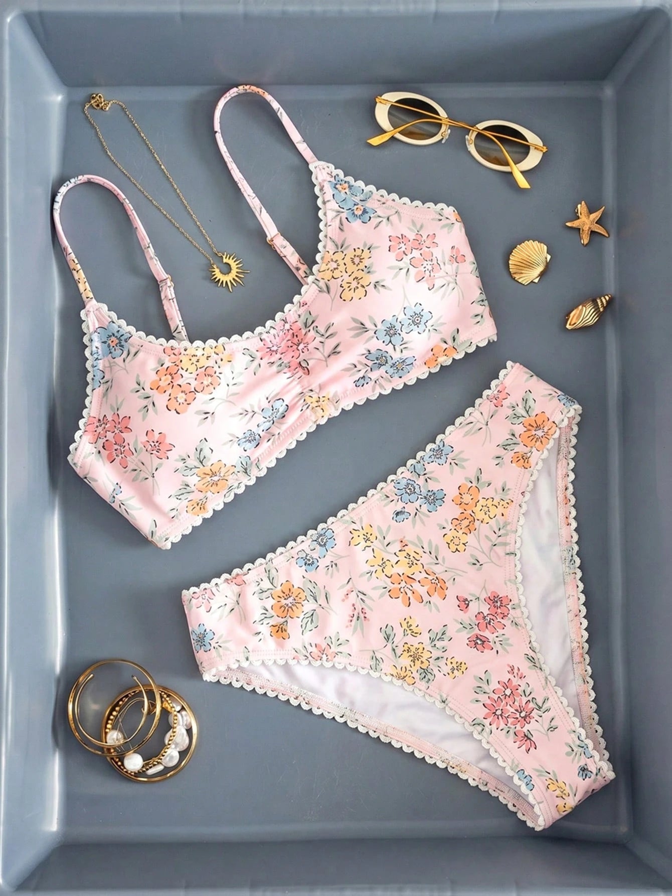 Swim Mod Women's Random Floral Print Ruffle Trim Bikini Set Set, Summer