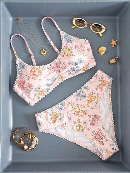 Swim Mod Women's Random Floral Print Ruffle Trim Bikini Set Set, Summer