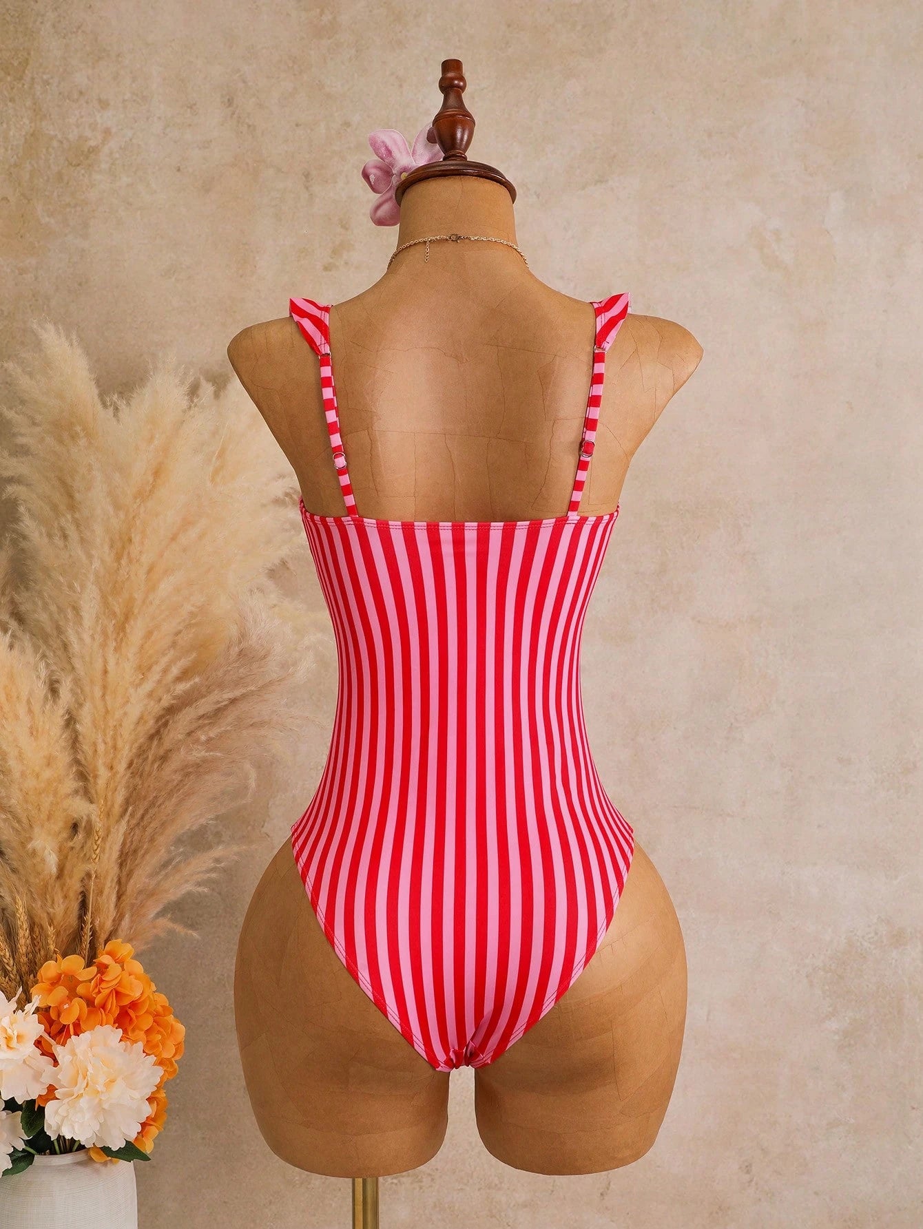Swim Mod Women's Red Cute Summer Beach Swim Holiday One-Piece Striped Multicolor Printed Adjustable Strap Floral Trim Beach Resort Casual Swimsuit