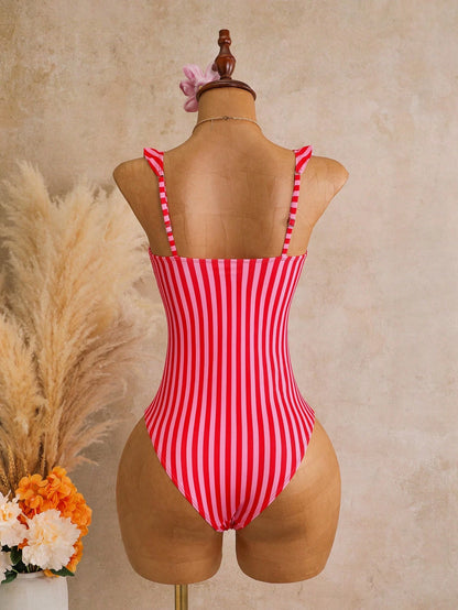 Swim Mod Women's Red Cute Summer Beach Swim Holiday One-Piece Striped Multicolor Printed Adjustable Strap Floral Trim Beach Resort Casual Swimsuit