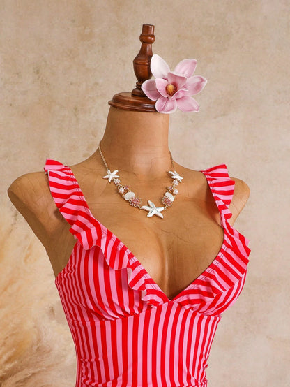 Swim Mod Women's Red Cute Summer Beach Swim Holiday One-Piece Striped Multicolor Printed Adjustable Strap Floral Trim Beach Resort Casual Swimsuit