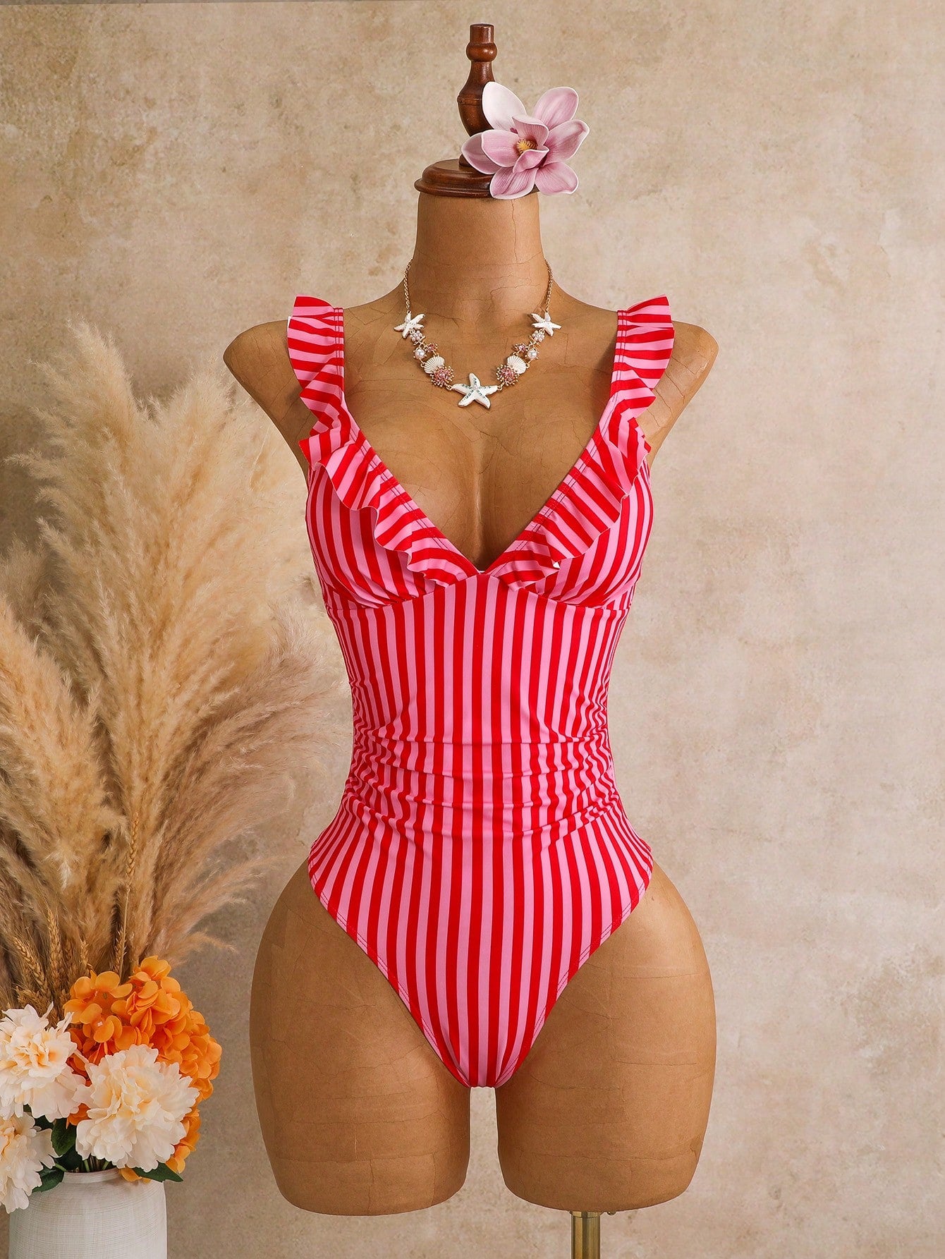 Swim Mod Women's Red Cute Summer Beach Swim Holiday One-Piece Striped Multicolor Printed Adjustable Strap Floral Trim Beach Resort Casual Swimsuit