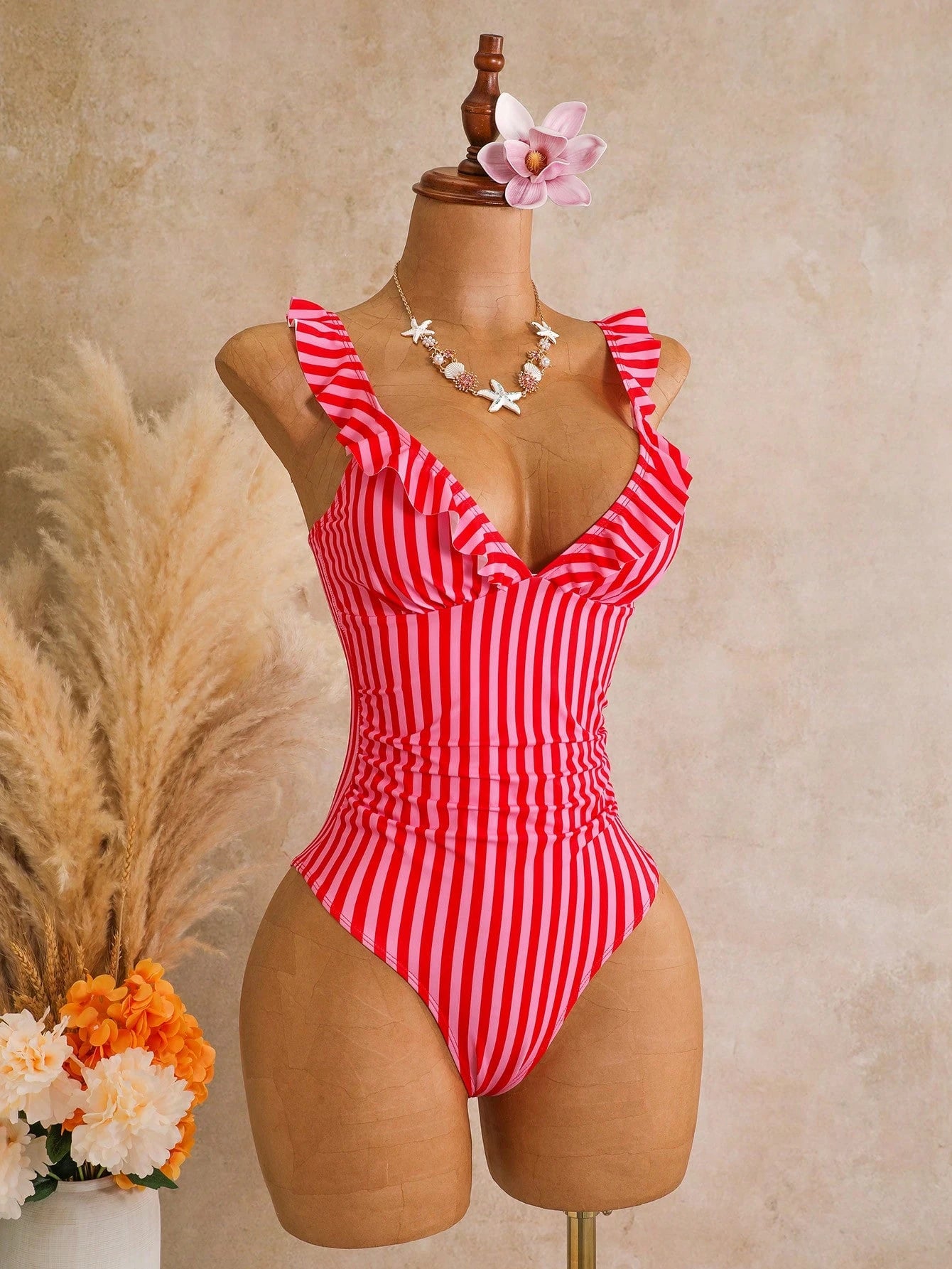 Swim Mod Women's Red Cute Summer Beach Swim Holiday One-Piece Striped Multicolor Printed Adjustable Strap Floral Trim Beach Resort Casual Swimsuit