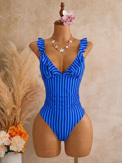 Swim Mod Women's Red Cute Summer Beach Swim Holiday One-Piece Striped Multicolor Printed Adjustable Strap Floral Trim Beach Resort Casual Swimsuit
