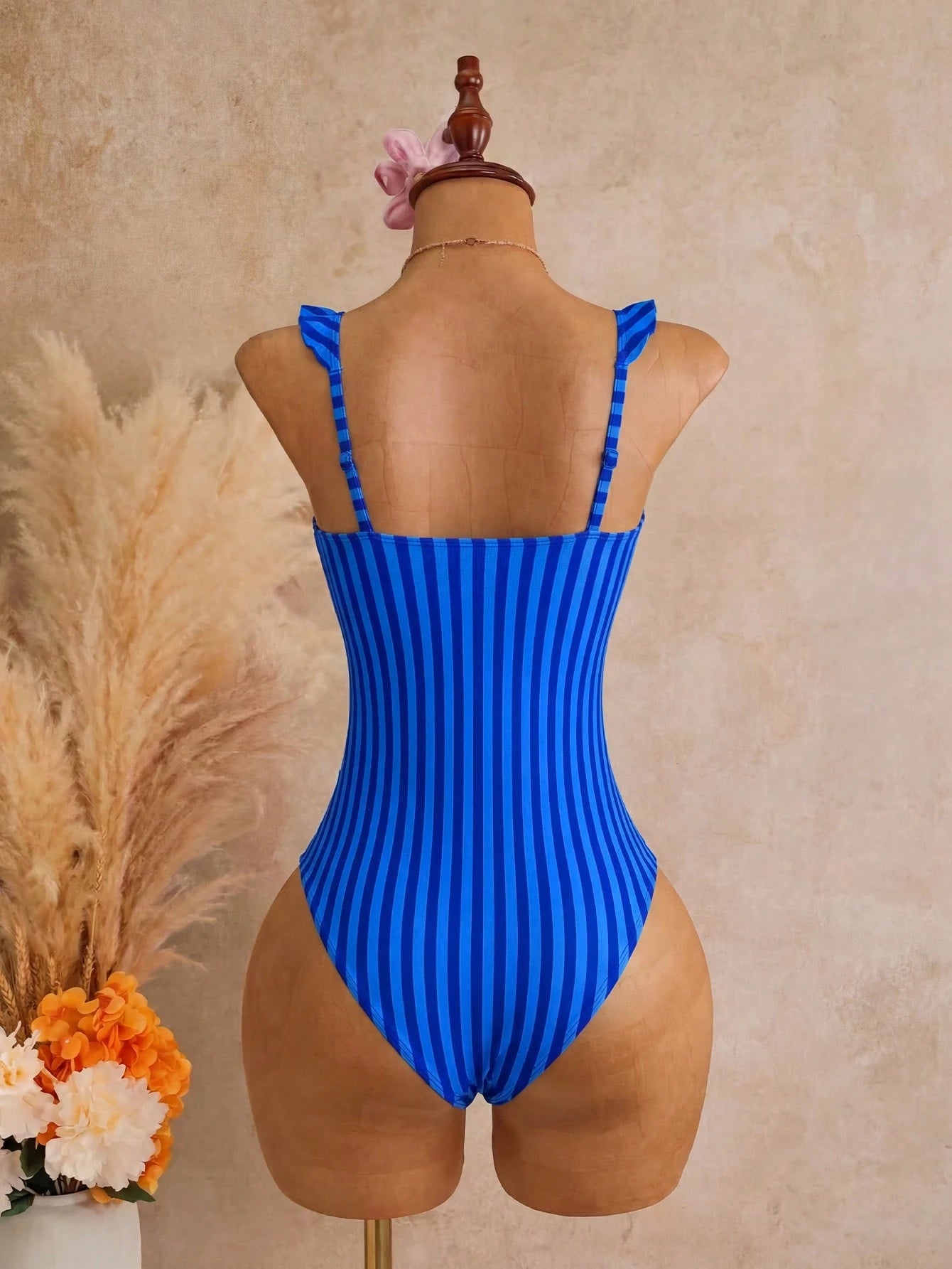 Swim Mod Women's Red Cute Summer Beach Swim Holiday One-Piece Striped Multicolor Printed Adjustable Strap Floral Trim Beach Resort Casual Swimsuit