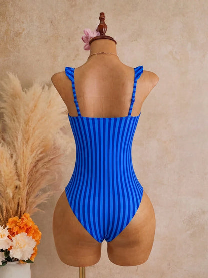 Swim Mod Women's Red Cute Summer Beach Swim Holiday One-Piece Striped Multicolor Printed Adjustable Strap Floral Trim Beach Resort Casual Swimsuit