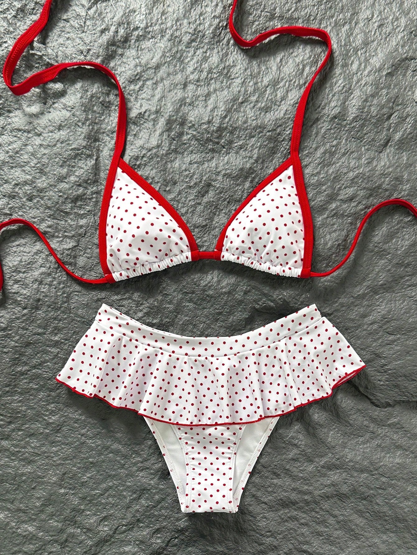 Swim Mod Women's Retro Red And White Polka Dot Bikini Set,2000s Micro Triangle Top & Super Skirt,Summer Holiday Pool Party Sweet Vintage Swimwear