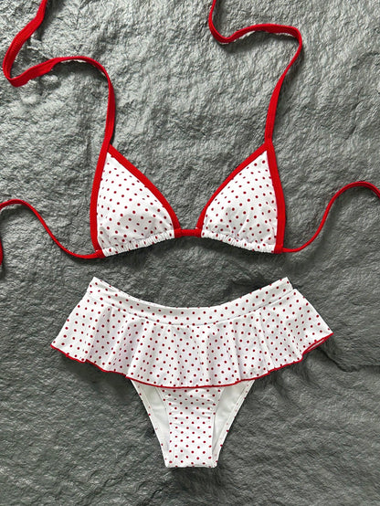 Swim Mod Women's Retro Red And White Polka Dot Bikini Set,2000s Micro Triangle Top & Super Skirt,Summer Holiday Pool Party Sweet Vintage Swimwear