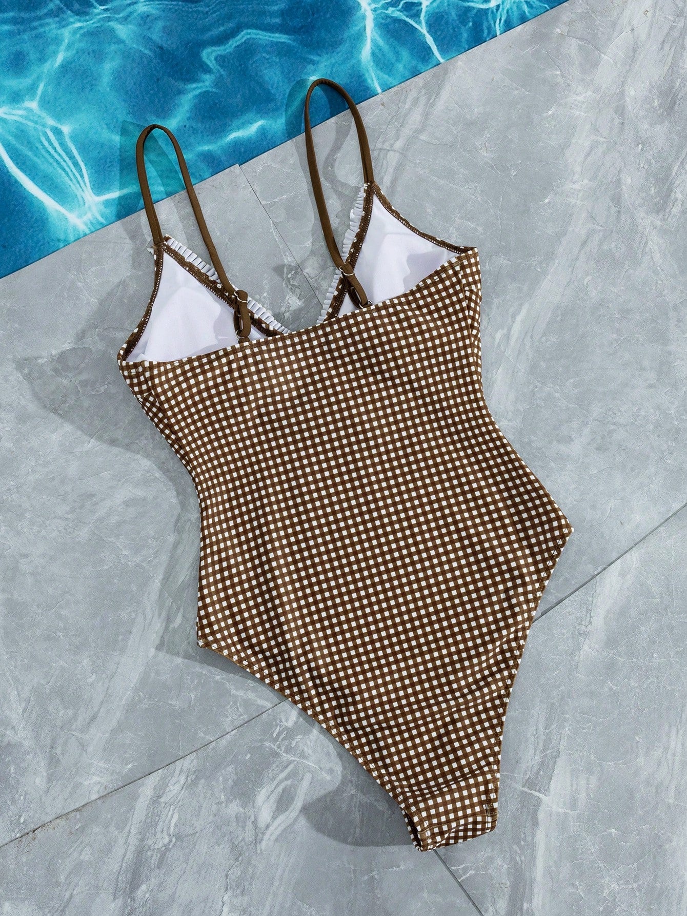 Swim Mod Women's Retro Vintage Brown Gingham One-Piece Swimsuit,Cute Ruffle V-Neck Spaghetti Strap Bathing Suit,Summer Holiday Pool Party Beach Swimwear