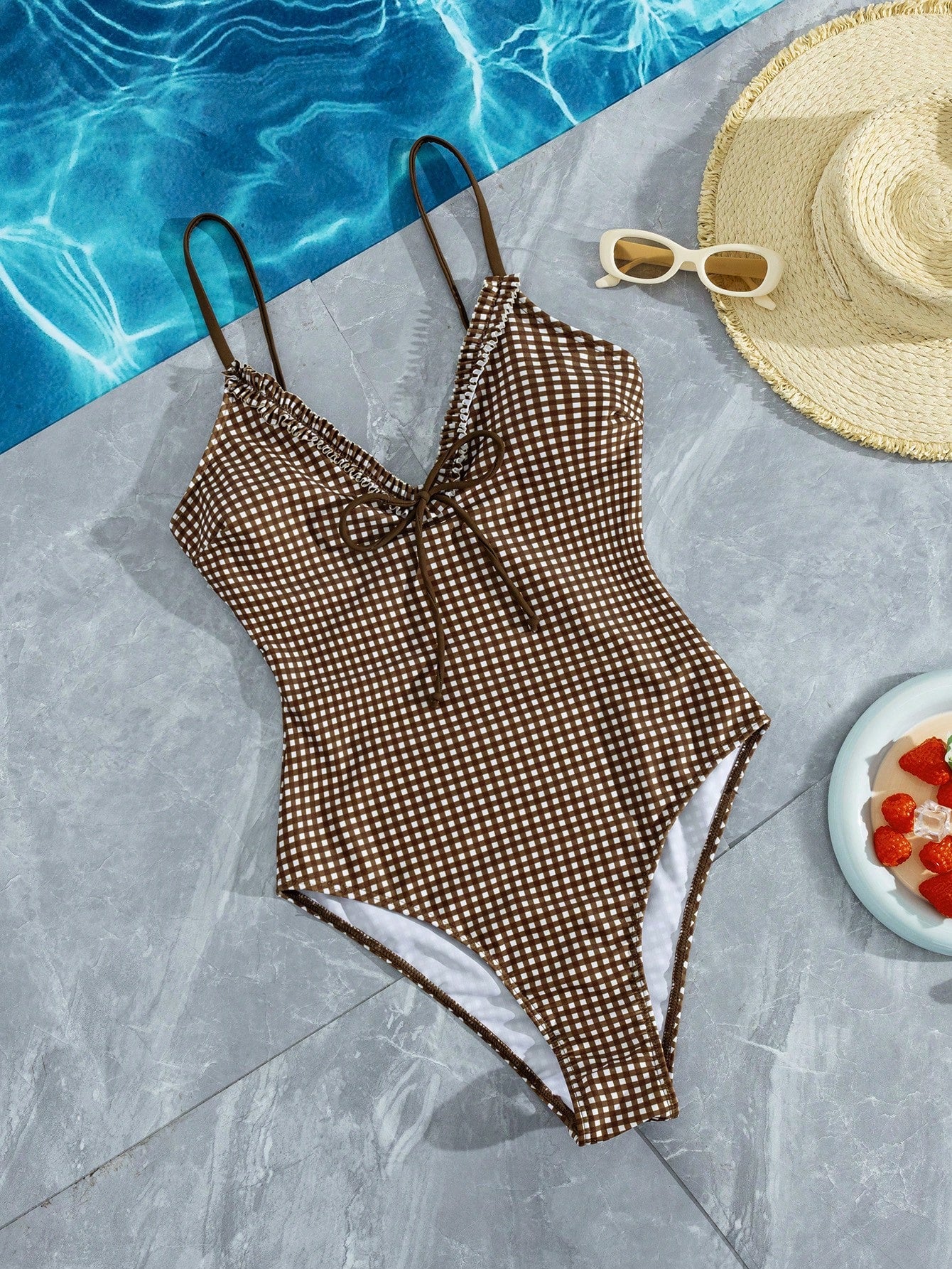 Swim Mod Women's Retro Vintage Brown Gingham One-Piece Swimsuit,Cute Ruffle V-Neck Spaghetti Strap Bathing Suit,Summer Holiday Pool Party Beach Swimwear