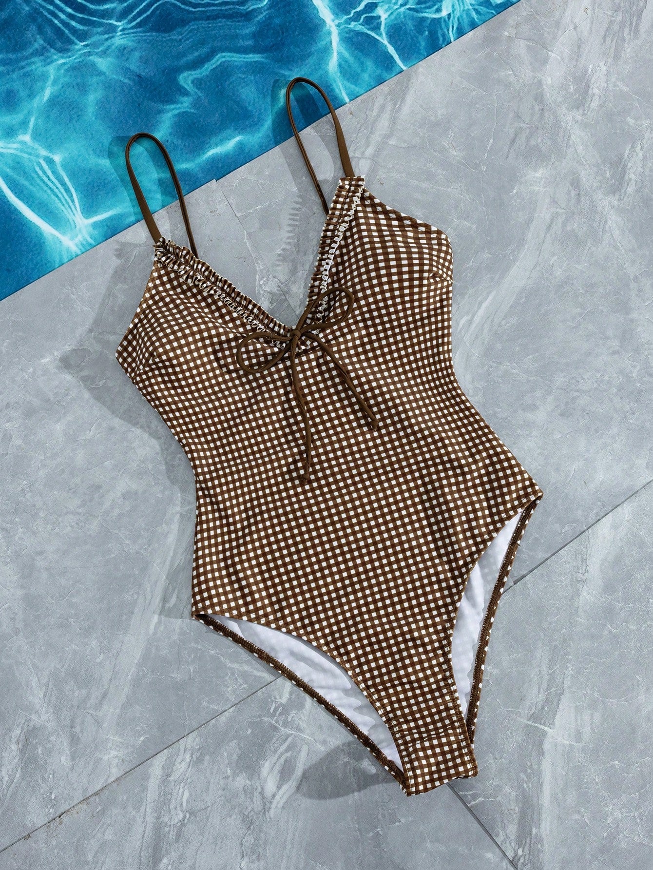Swim Mod Women's Retro Vintage Brown Gingham One-Piece Swimsuit,Cute Ruffle V-Neck Spaghetti Strap Bathing Suit,Summer Holiday Pool Party Beach Swimwear