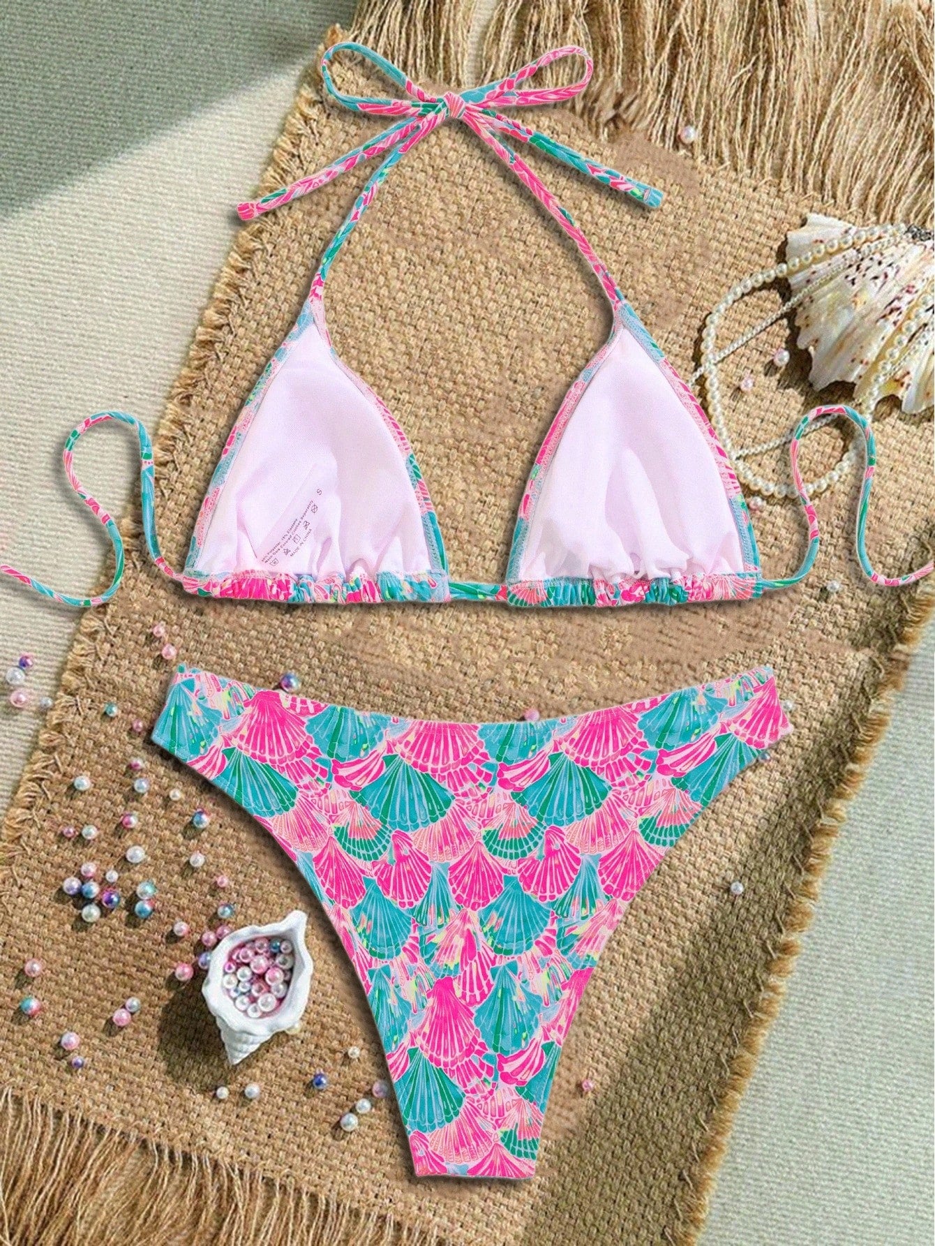 Swim Mod Women's Shell Print Halter Tie Front Sexy Bikini Swimsuit Set For Summer Beach