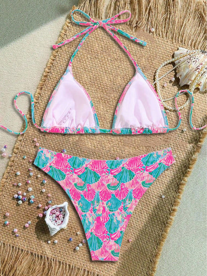 Swim Mod Women's Shell Print Halter Tie Front Sexy Bikini Swimsuit Set For Summer Beach