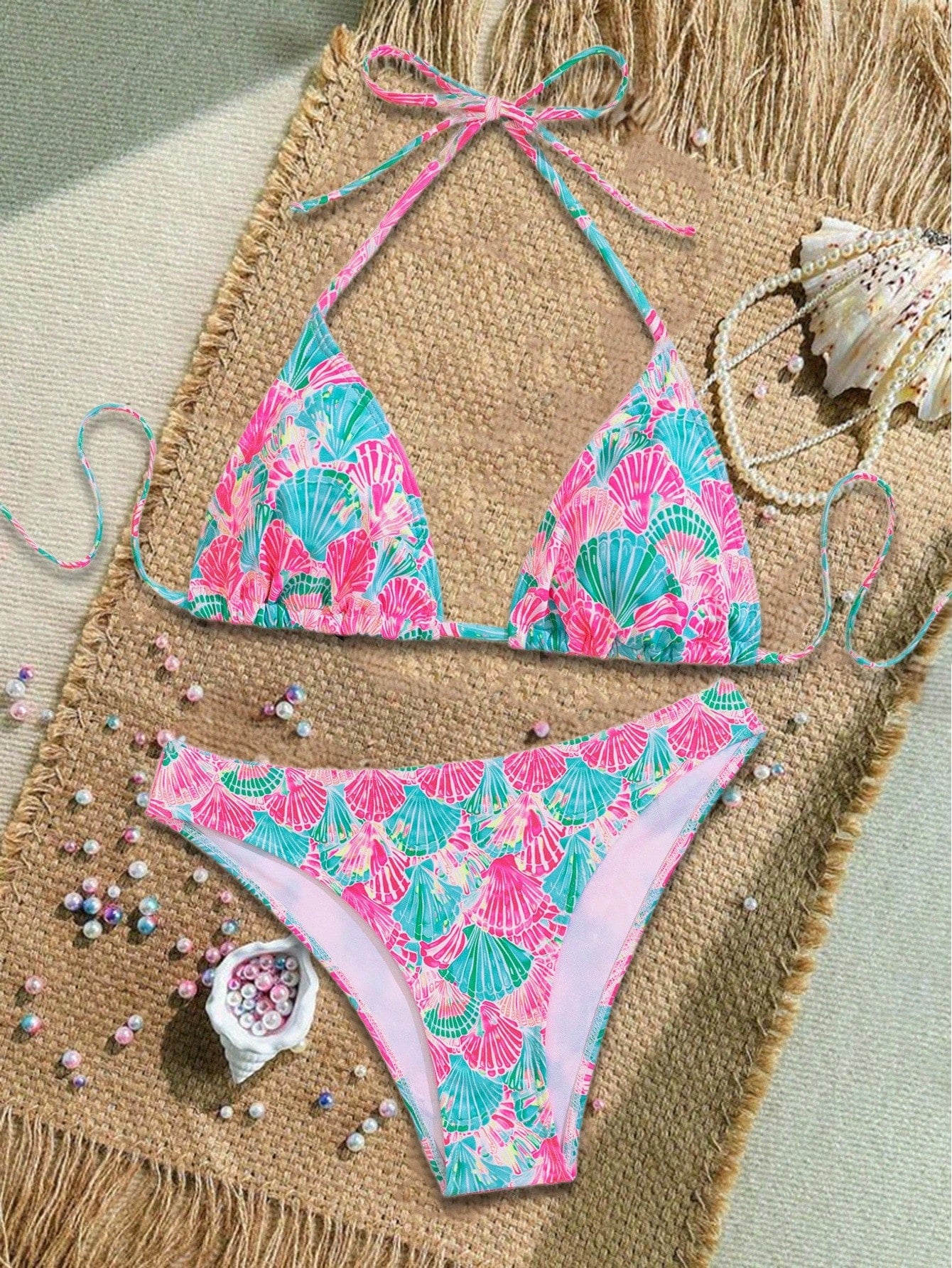Swim Mod Women's Shell Print Halter Tie Front Sexy Bikini Swimsuit Set For Summer Beach