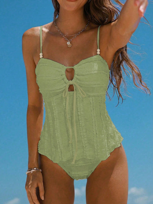 Swim Mod Women's Solid Apricot Textured Fabric Beaded Decor Camisole & Bikini Set, Suitable For Summer Beach & Vacation