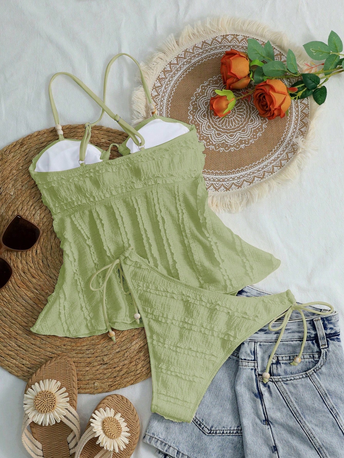 Swim Mod Women's Solid Apricot Textured Fabric Beaded Decor Camisole & Bikini Set, Suitable For Summer Beach & Vacation
