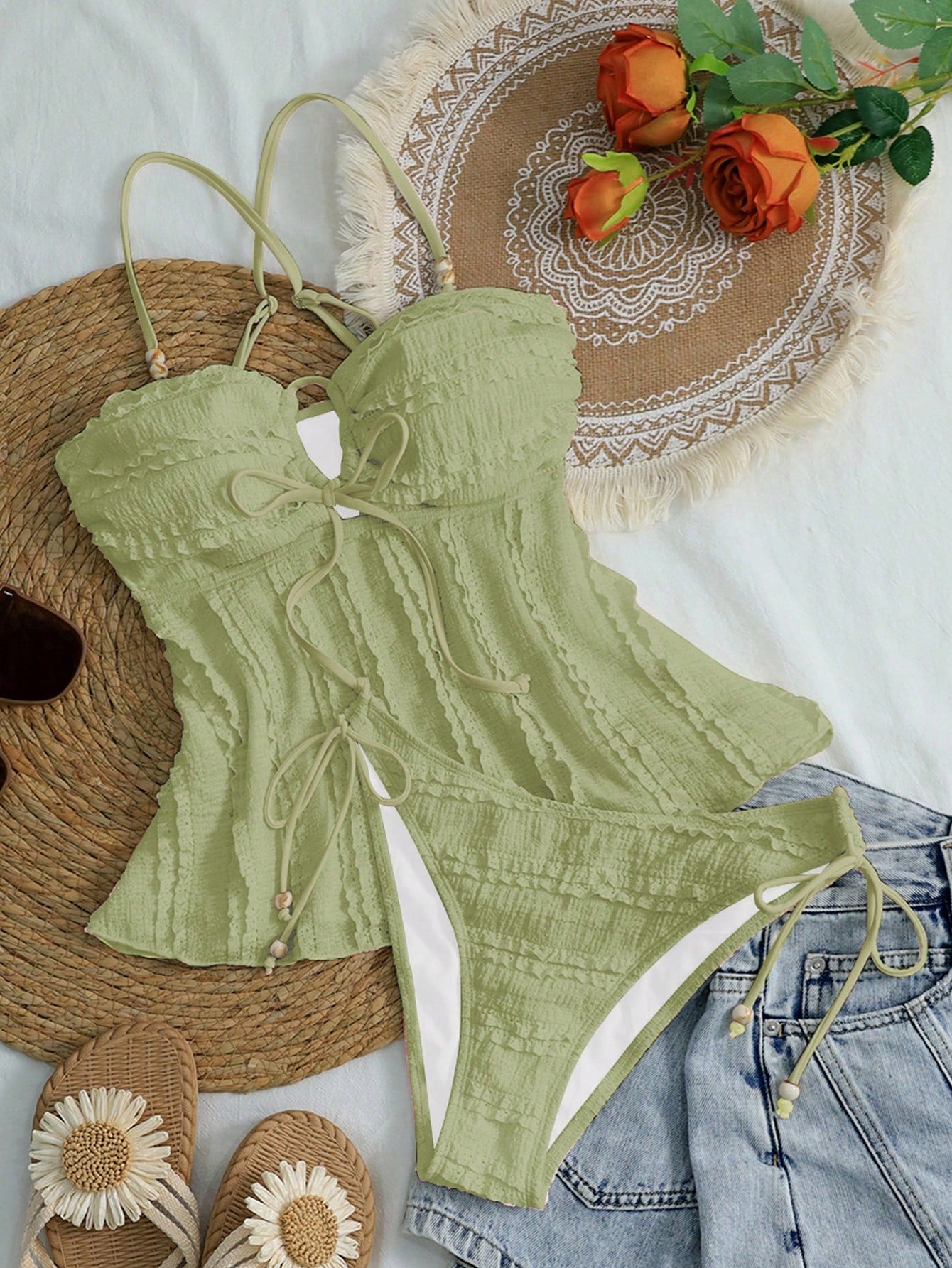 Swim Mod Women's Solid Apricot Textured Fabric Beaded Decor Camisole & Bikini Set, Suitable For Summer Beach & Vacation