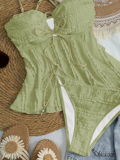 Swim Mod Women's Solid Apricot Textured Fabric Beaded Decor Camisole & Bikini Set, Suitable For Summer Beach & Vacation