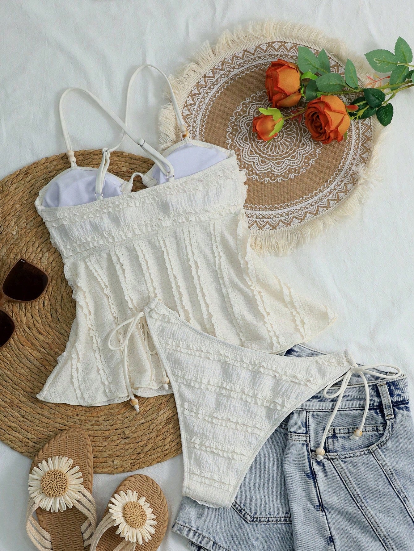 Swim Mod Women's Solid Apricot Textured Fabric Beaded Decor Camisole & Bikini Set, Suitable For Summer Beach & Vacation