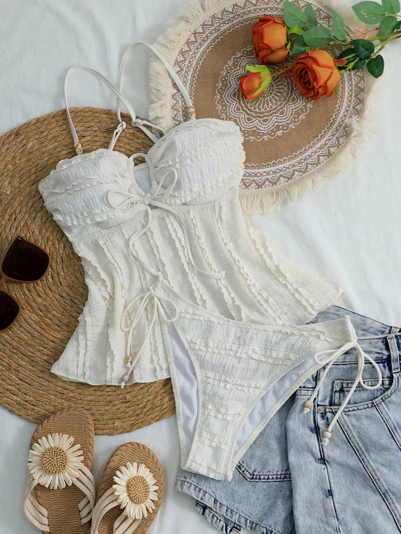 Swim Mod Women's Solid Apricot Textured Fabric Beaded Decor Camisole & Bikini Set, Suitable For Summer Beach & Vacation