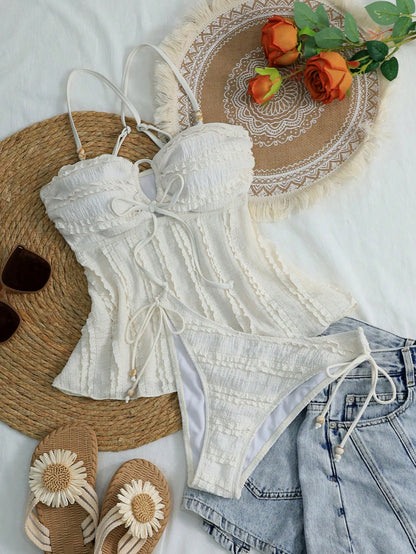 Swim Mod Women's Solid Apricot Textured Fabric Beaded Decor Camisole & Bikini Set, Suitable For Summer Beach & Vacation
