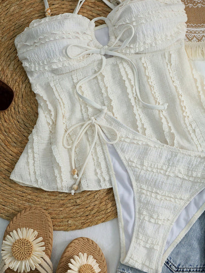 Swim Mod Women's Solid Apricot Textured Fabric Beaded Decor Camisole & Bikini Set, Suitable For Summer Beach & Vacation