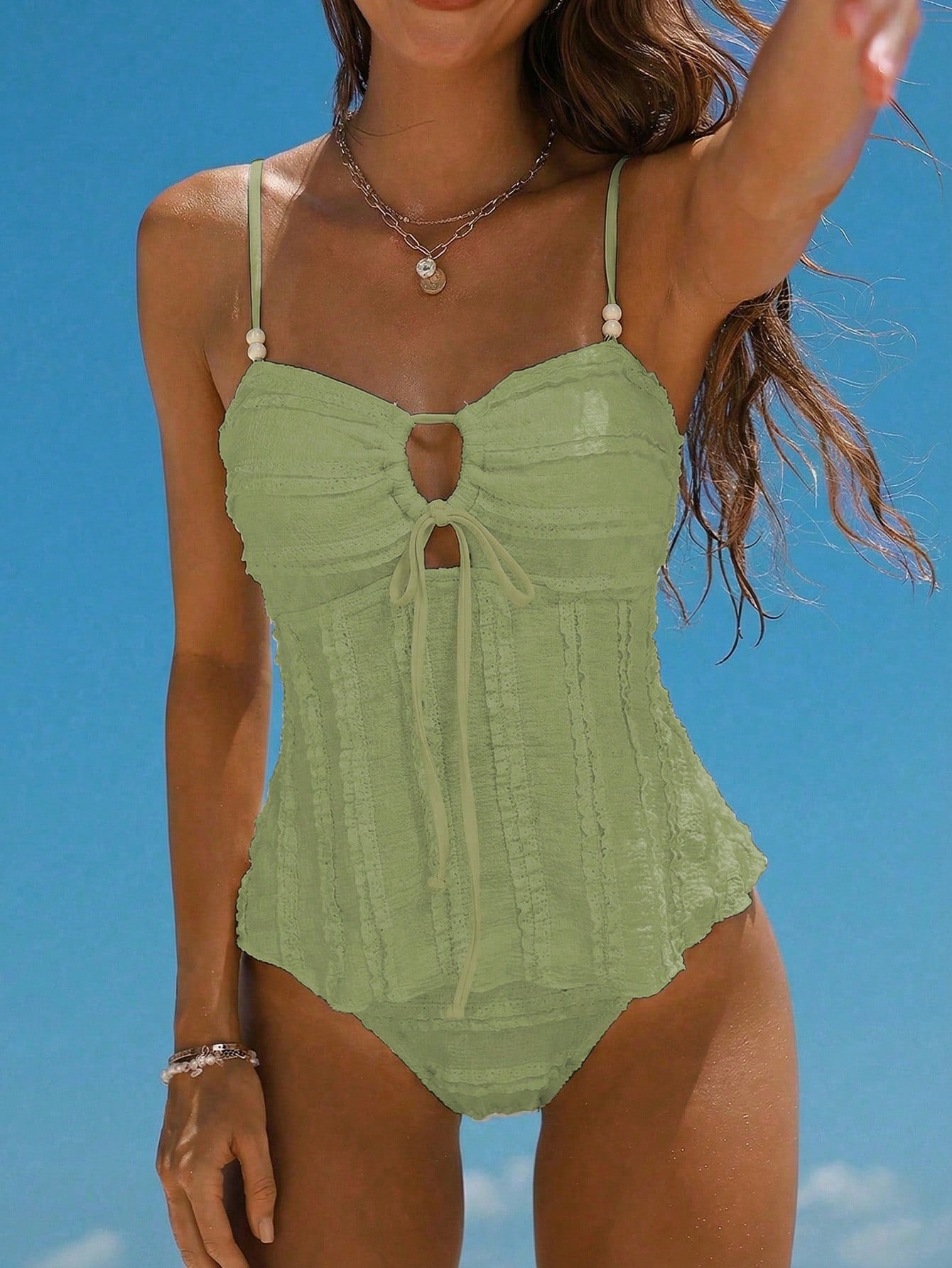 Swim Mod Women's Solid Apricot Textured Fabric Beaded Decor Camisole & Bikini Set, Suitable For Summer Beach & Vacation