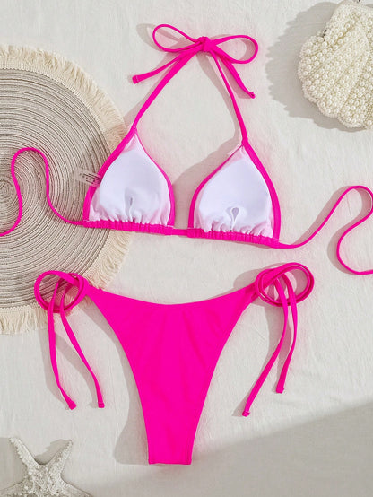 Swim Mod Women's Solid Color Halter Neck Bikini Set, Summer Vacation Beach
