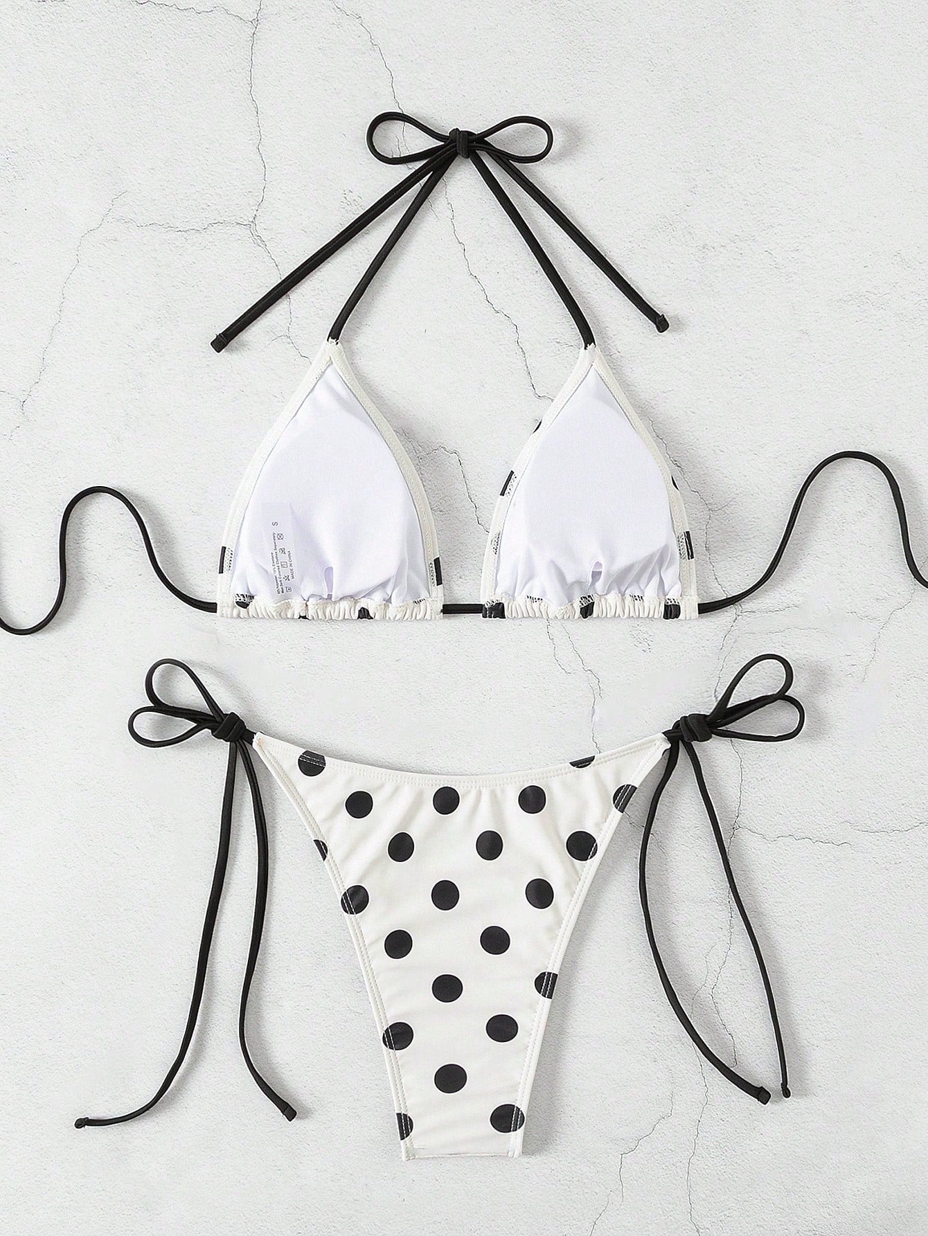 Swim Mod Women's Spaghetti Strap Halter Black And White Striped Bikini Set,80s Gingham Polka Dot Side Tie 2pcs Swimwear,Summer Beach Vacation Holiday,Holiday