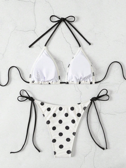 Swim Mod Women's Spaghetti Strap Halter Black And White Striped Bikini Set,80s Gingham Polka Dot Side Tie 2pcs Swimwear,Summer Beach Vacation Holiday,Holiday