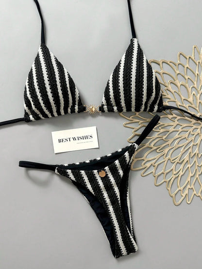 Swim Mod Women's Spring/Summer New Special Fabric Metal Decor V-Neck Halter Backless Triangle Top & Bikini Bottom Two Pieces Swimwear