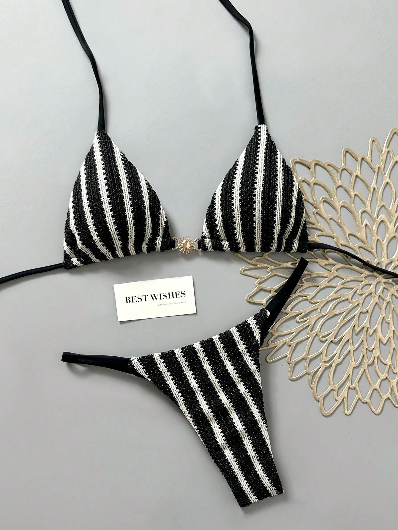 Swim Mod Women's Spring/Summer New Special Fabric Metal Decor V-Neck Halter Backless Triangle Top & Bikini Bottom Two Pieces Swimwear