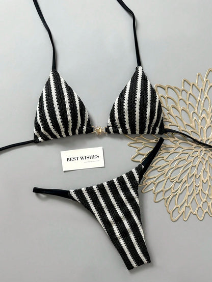 Swim Mod Women's Spring/Summer New Special Fabric Metal Decor V-Neck Halter Backless Triangle Top & Bikini Bottom Two Pieces Swimwear