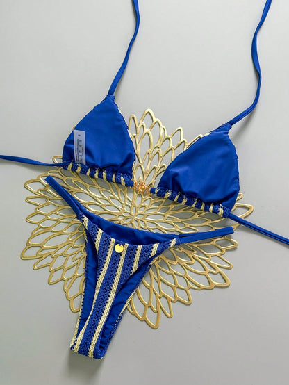 Swim Mod Women's Spring/Summer New Special Fabric Metal Decor V-Neck Halter Backless Triangle Top & Bikini Bottom Two Pieces Swimwear