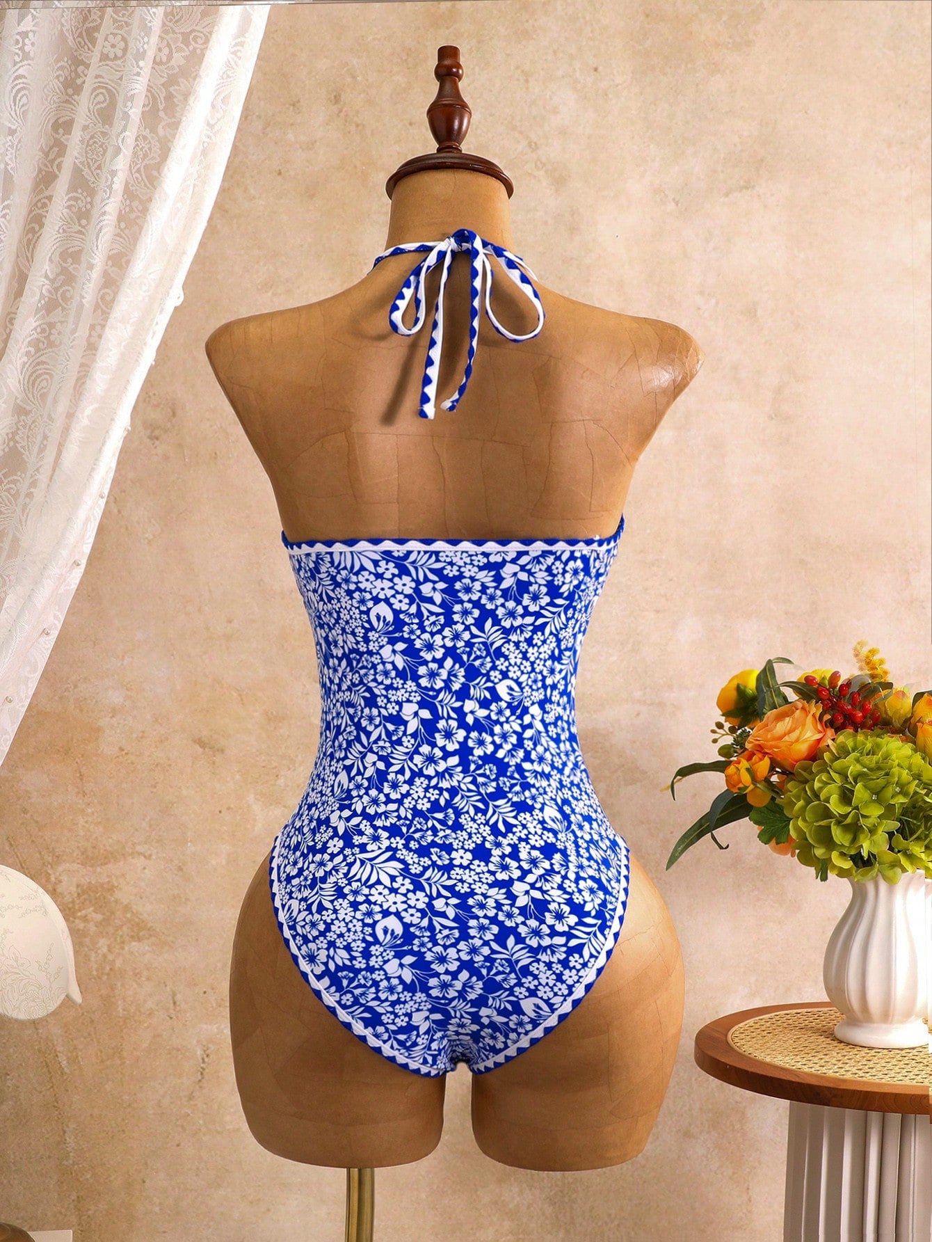 Swim Mod Women's Spring/Summer New Yellow Textured Fabric Light Blue Floral Trim V-Neck Halter Backless One-Piece Swimsuit