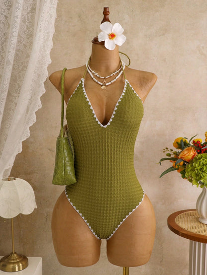 Swim Mod Women's Spring/Summer New Yellow Textured Fabric Light Blue Floral Trim V-Neck Halter Backless One-Piece Swimsuit