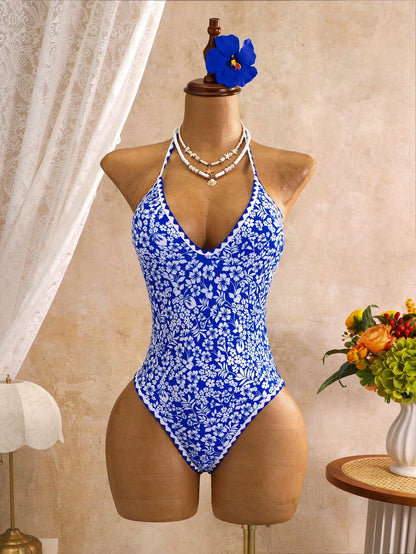 Swim Mod Women's Spring/Summer New Yellow Textured Fabric Light Blue Floral Trim V-Neck Halter Backless One-Piece Swimsuit
