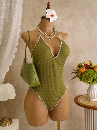 Swim Mod Women's Spring/Summer New Yellow Textured Fabric Light Blue Floral Trim V-Neck Halter Backless One-Piece Swimsuit