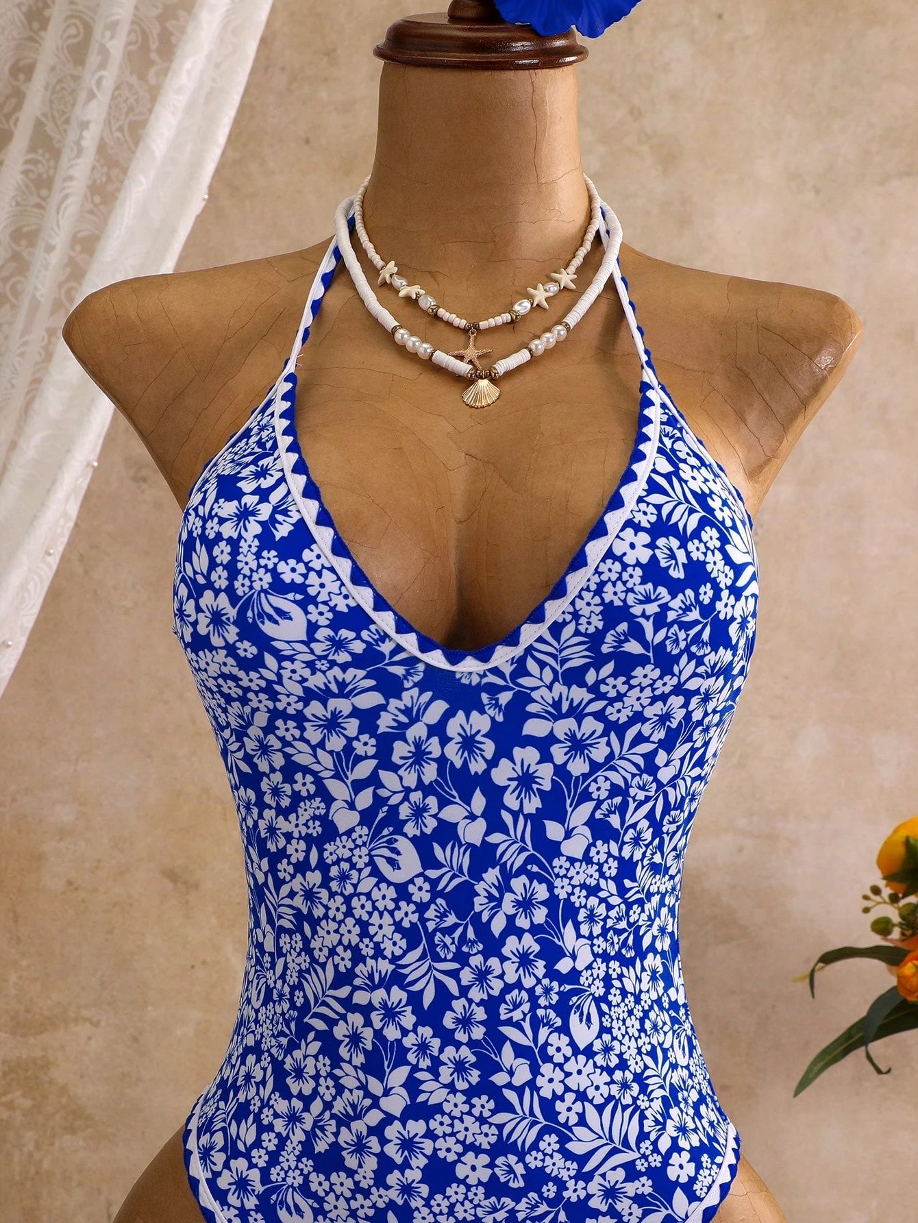 Swim Mod Women's Spring/Summer New Yellow Textured Fabric Light Blue Floral Trim V-Neck Halter Backless One-Piece Swimsuit