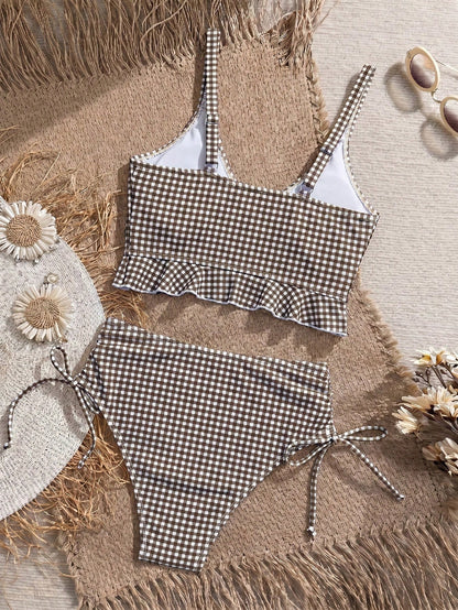 Swim Mod Women's Summer Beach Holiday Plaid Ruffle Trim Camisole Bikini Top