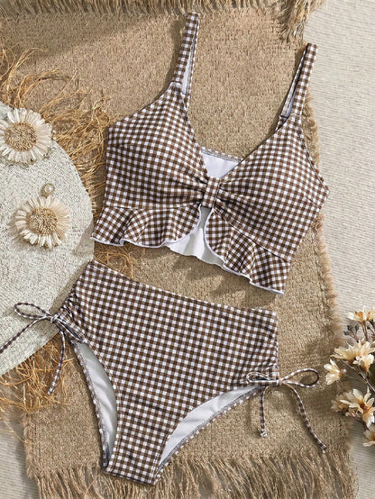 Swim Mod Women's Summer Beach Holiday Plaid Ruffle Trim Camisole Bikini Top